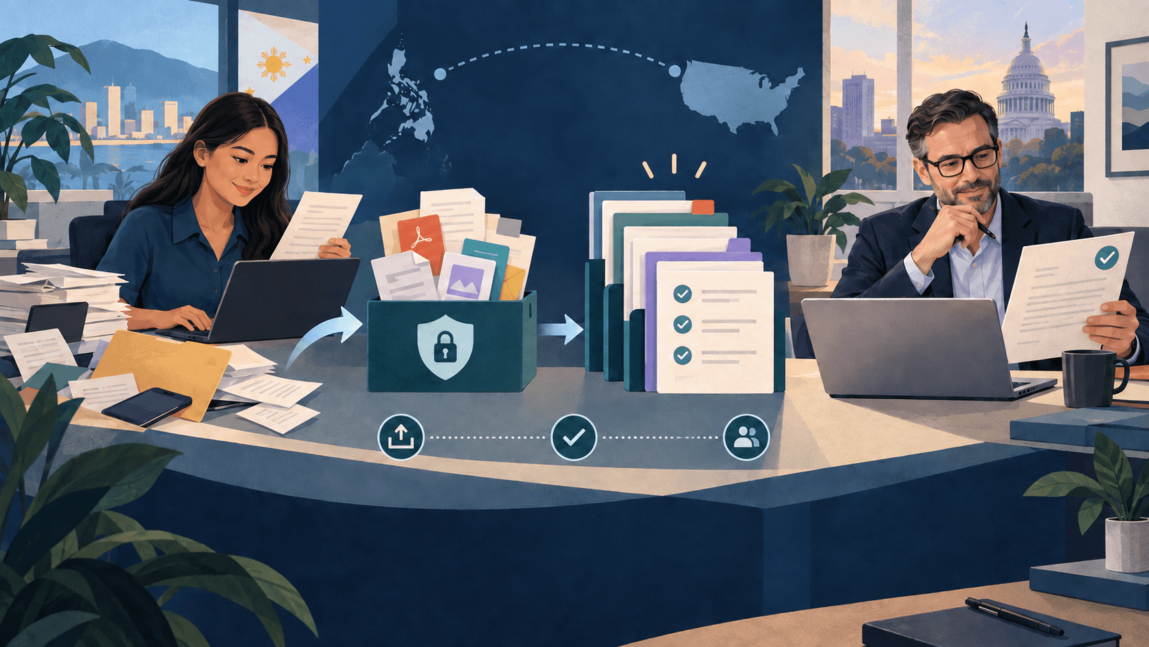 A Philippines-based virtual assistant organizes client documents into a review-ready workflow while an accounting professional retains final review and judgment