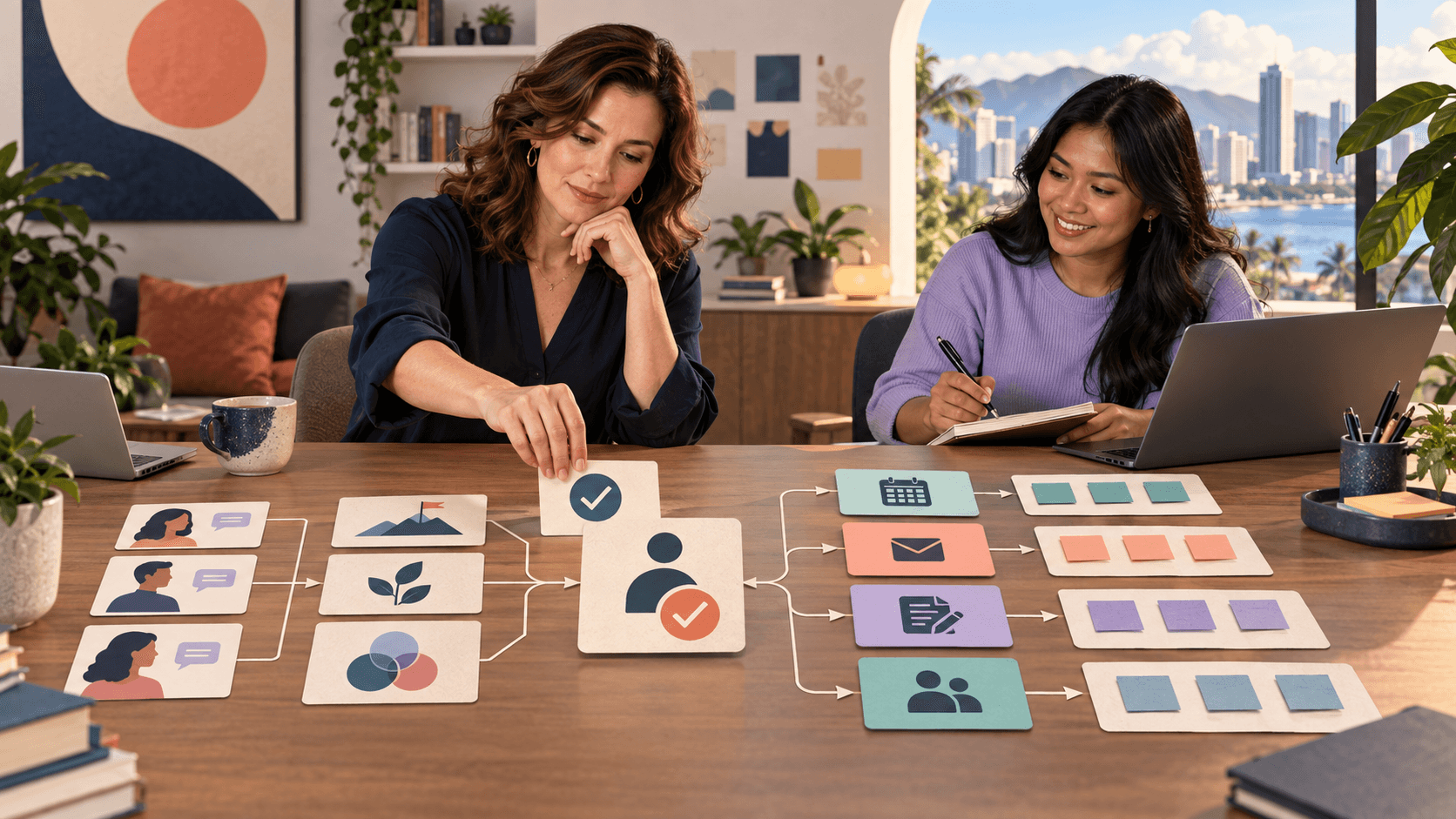 A coach and a Philippines-based virtual assistant map client preparation and follow-through while the expert retains judgment and final approval