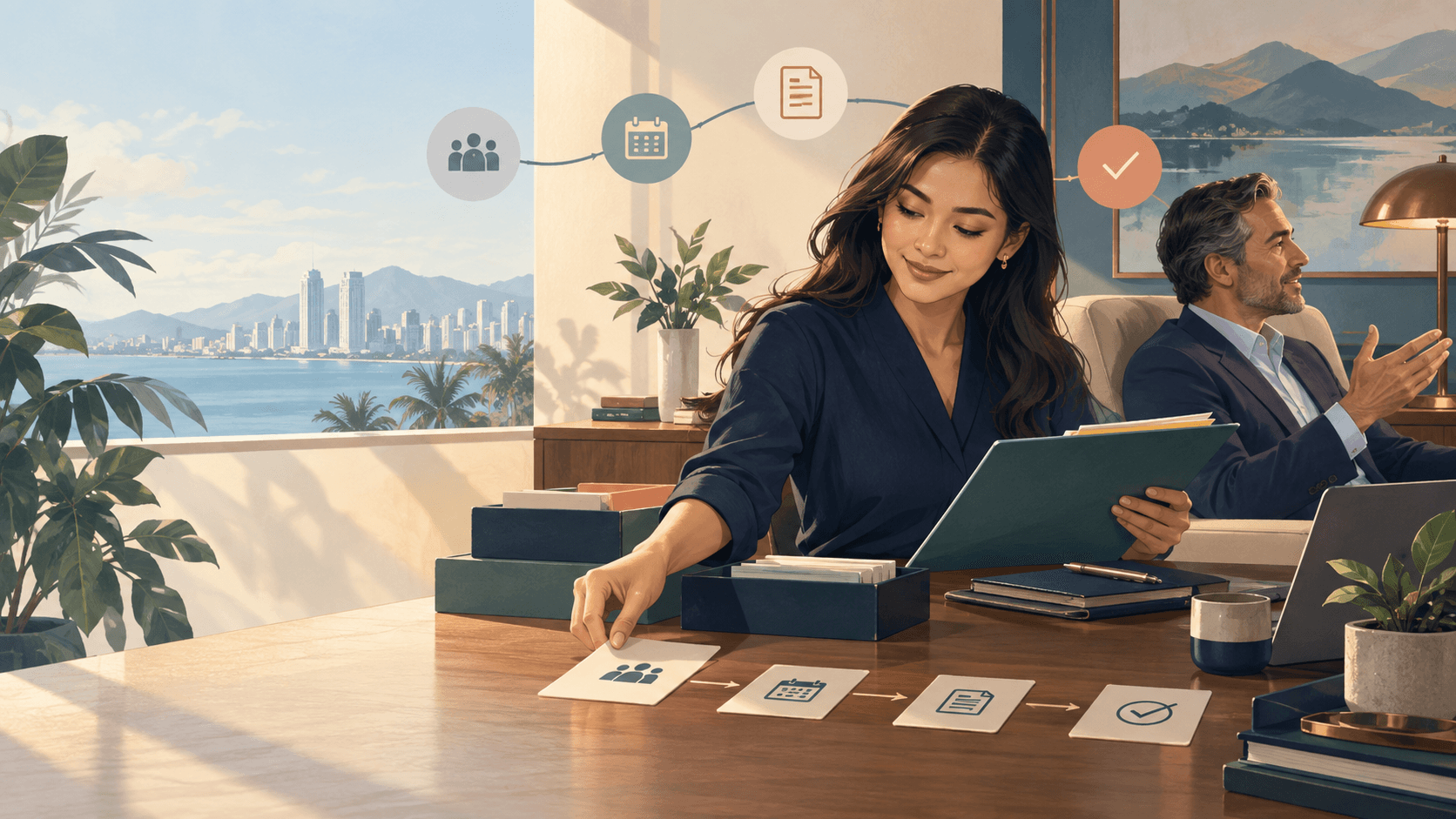 A Philippines-based executive virtual assistant organizes meeting preparation and follow-through while a leader focuses on a strategic conversation