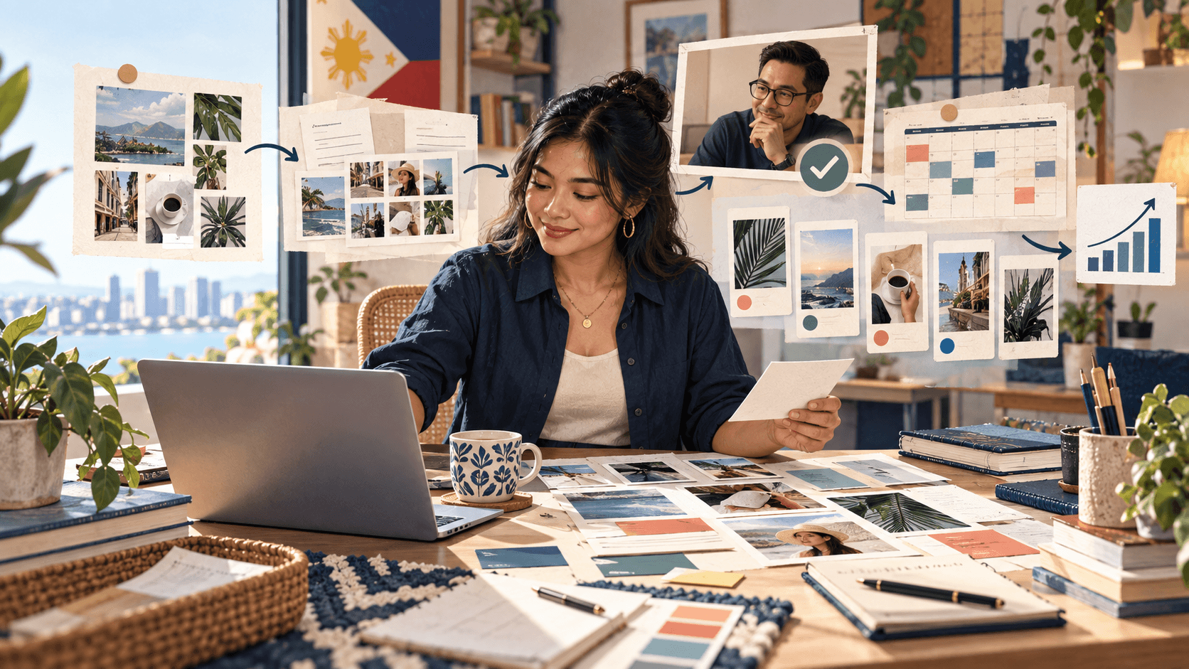 A Philippines-based marketing virtual assistant coordinates approved source material, human review, publishing, and performance learning