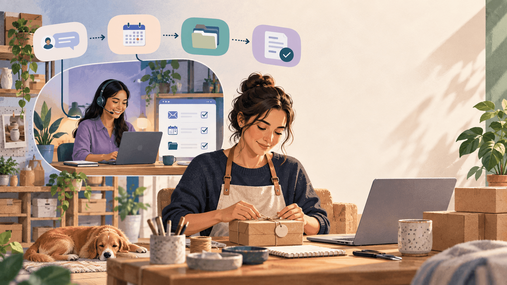 A small-business owner focuses on customer work while a remote professional coordinates a documented recurring workflow