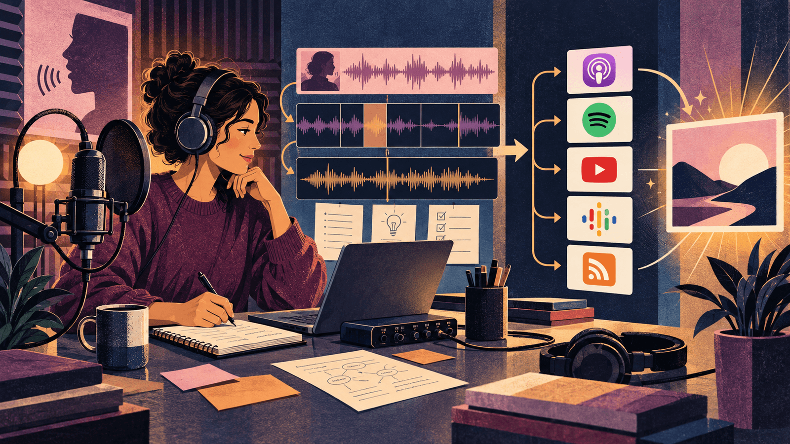 AI Podcast Manager: From Recording to Distribution — NextTeammate guide Editorial illustration for AI Podcast Manager: From Recording to Distribution