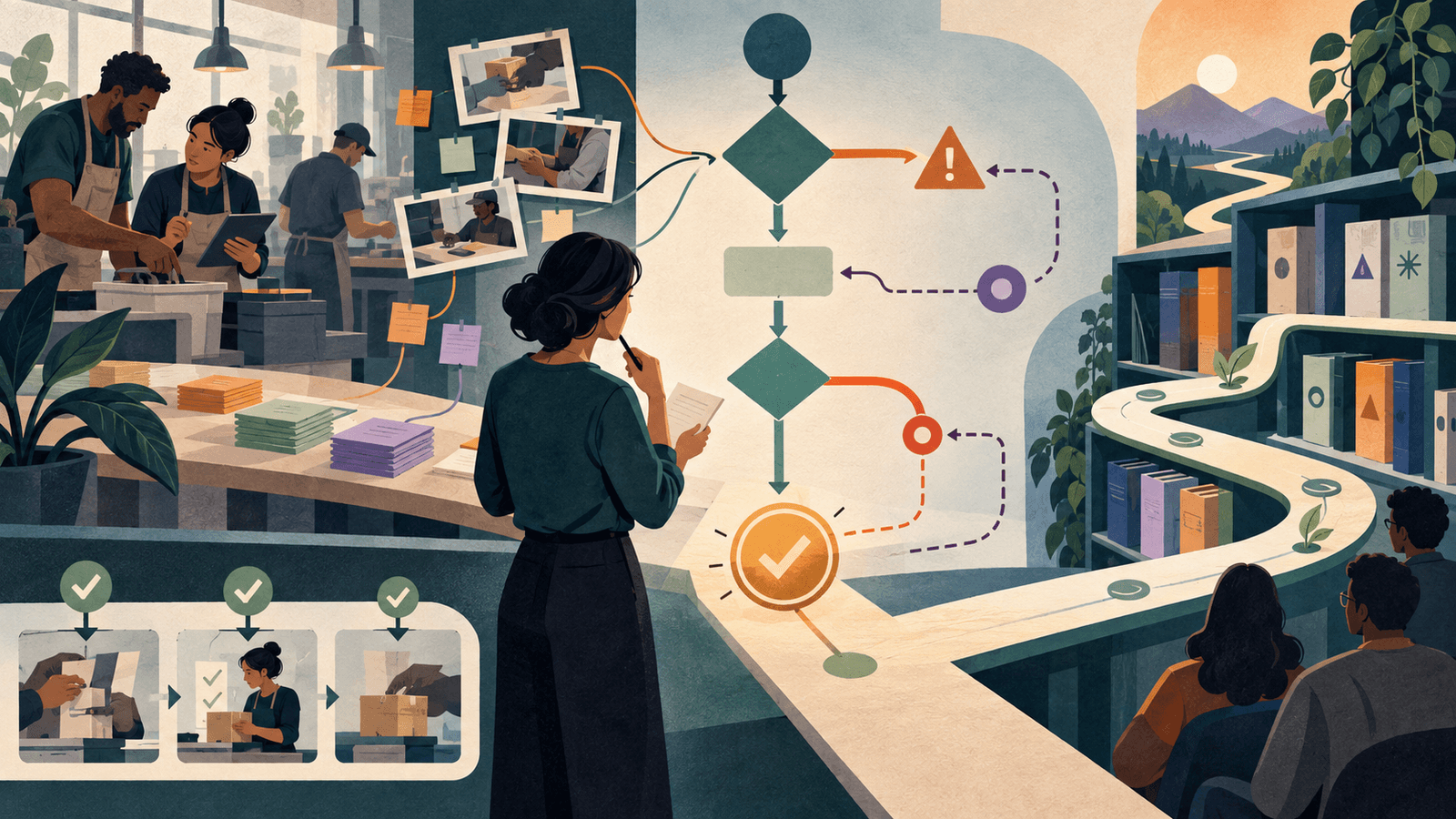 AI SOP Documentation Specialist: Knowledge That Survives Growth — NextTeammate guide Editorial illustration for AI SOP Documentation Specialist: Knowledge That Survives Growth
