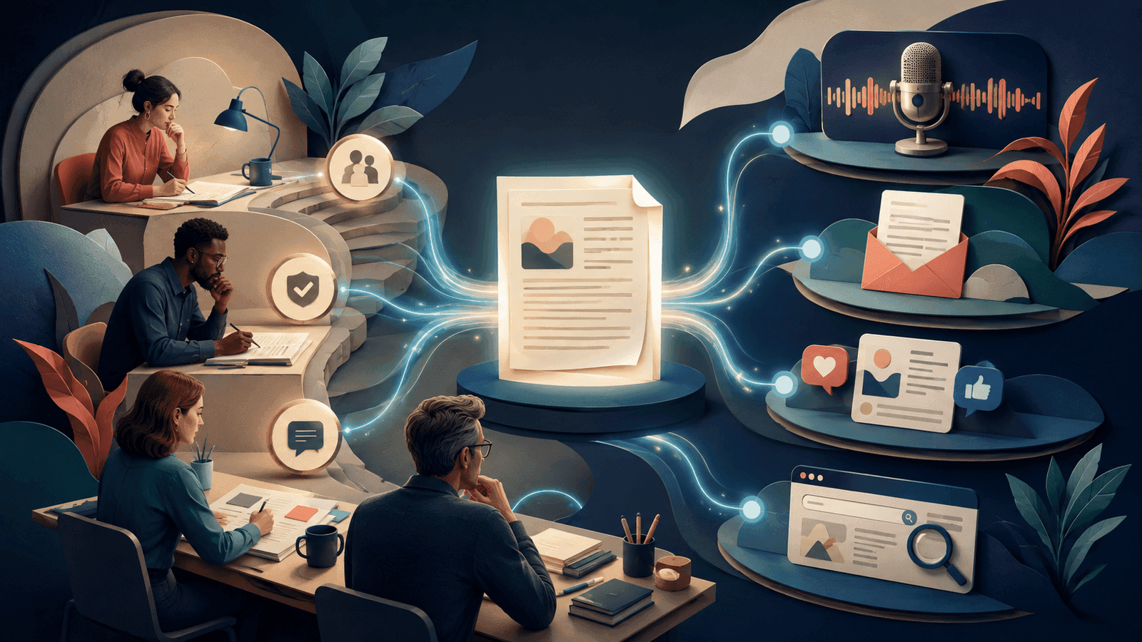 How to Build an AI-Enabled Content System Without Losing Your Voice — NextTeammate guide Editorial illustration for How to Build an AI-Enabled Content System Without Losing Your Voice