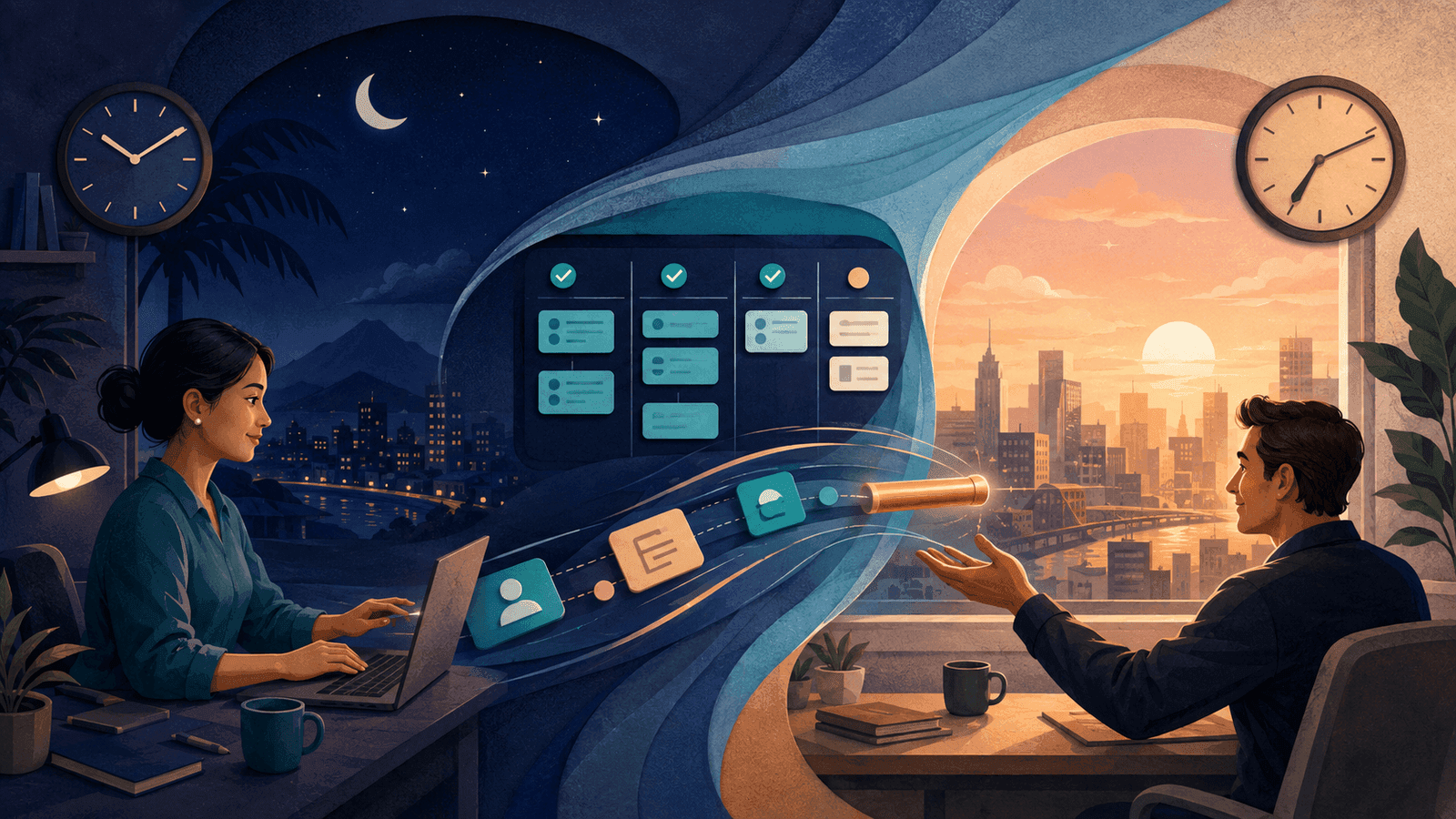 Can a Philippines Virtual Assistant Work While You Sleep? — NextTeammate guide Editorial illustration for Can a Philippines Virtual Assistant Work While You Sleep?